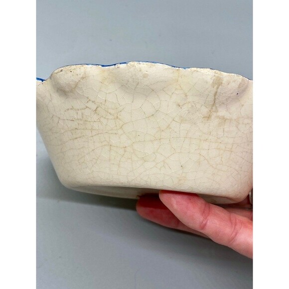 Vintage 6" Oaxacan Drip Ware Fluted Bowl Blue Brown Stripe Flower Hand-Painted - Picture 7 of 7